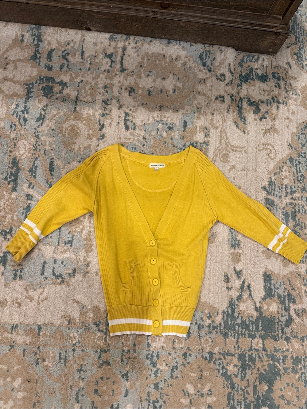 Poof Excellence Mustard Yellow Button-Front Cardigan with White Trim